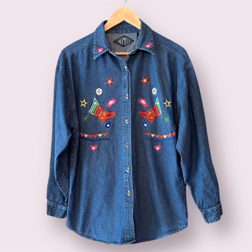UNLIMITED Embroidered Western Button Down Denim Shirt